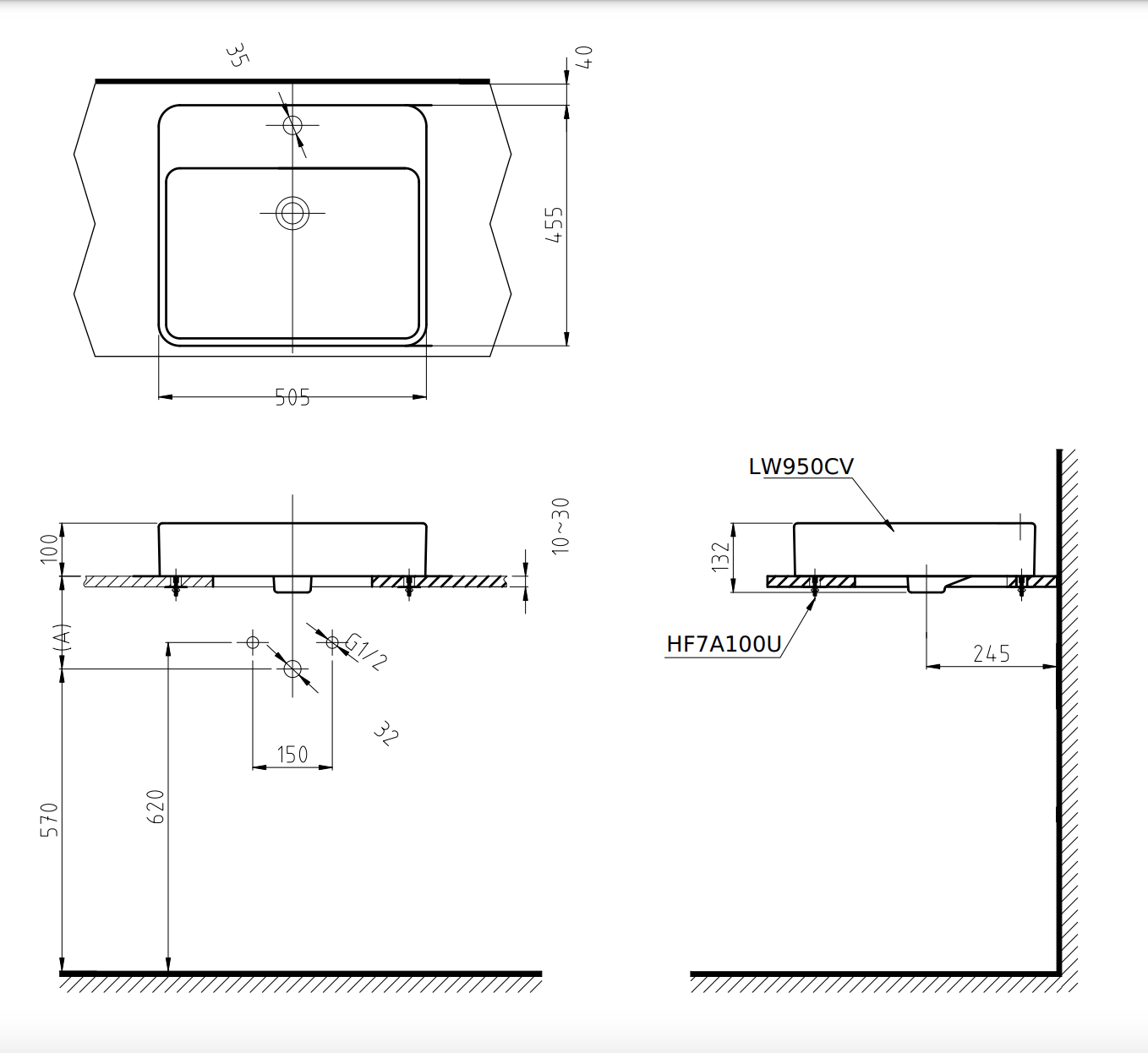 Bản vẽ kỹ thuật chậu rửa Lavabo TOTO đặt bàn LT950C
